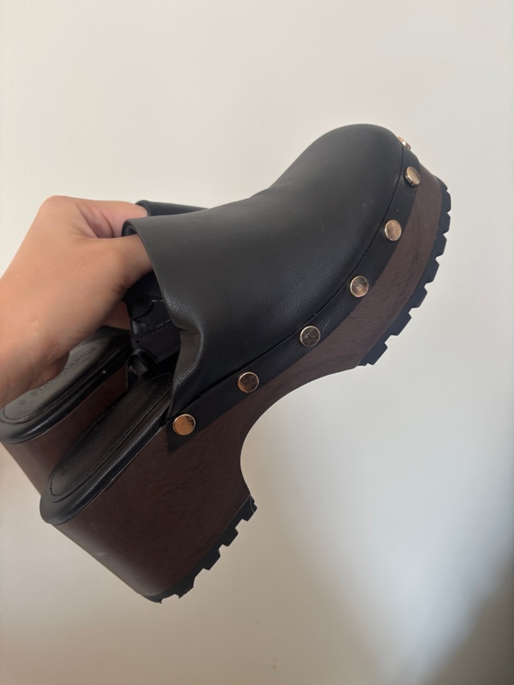 Stradivarius Black Leather Platform Clog Mules